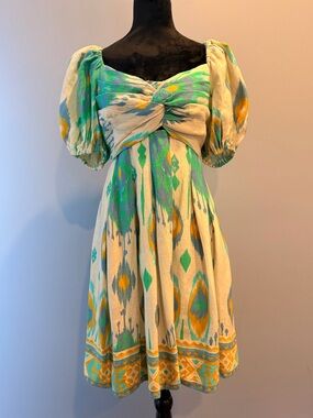 Ranna Gill Cream Dress with Teal & Yellow Ikat Print Linen Anthropologie